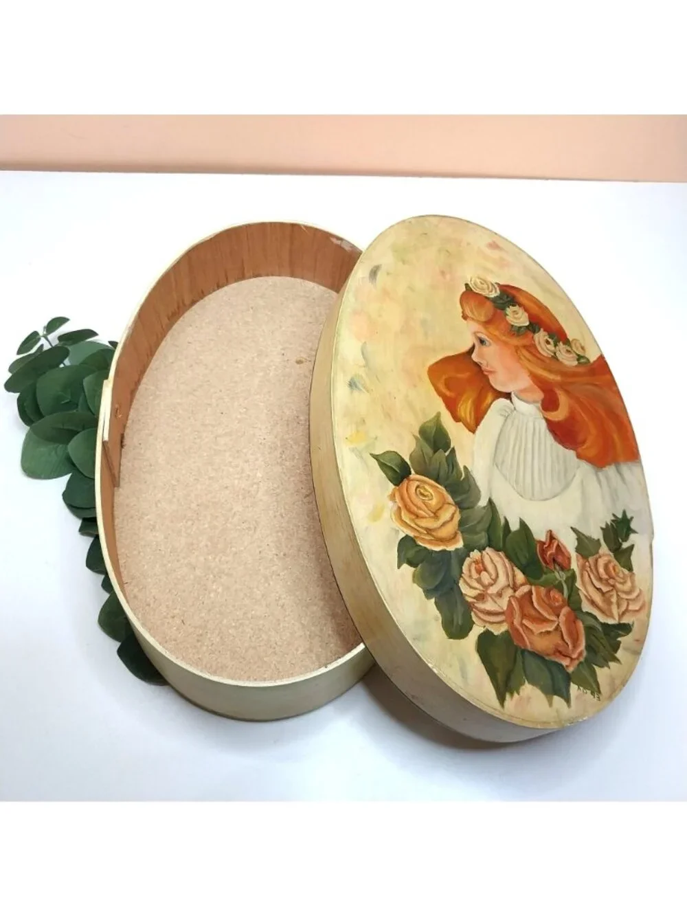 Hand-Painted Wooden Oval Storage Box Folk Art Victorian Lady Roses 1993